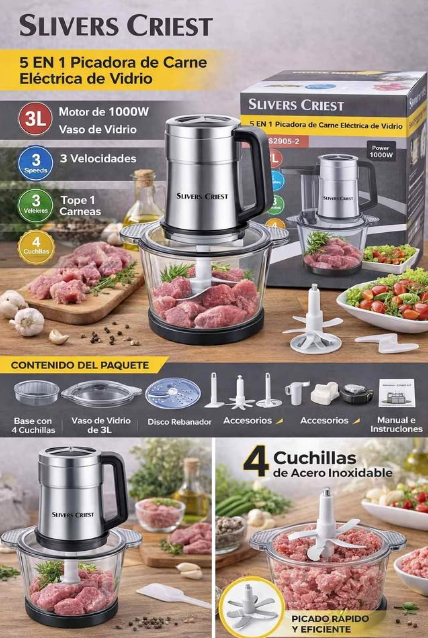 Procesadora de alimentos 1000W bol vidrio 3 L